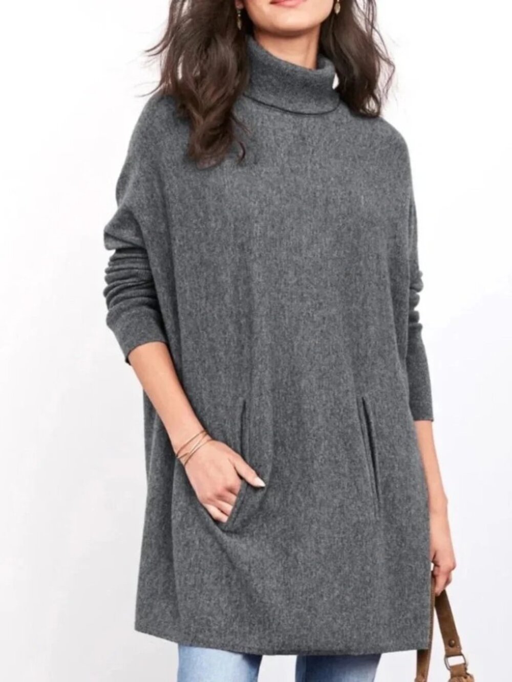 Garnet Hill Oversized Turtleneck Sweater Wool Cashmere Long Sleeve Gray Large
